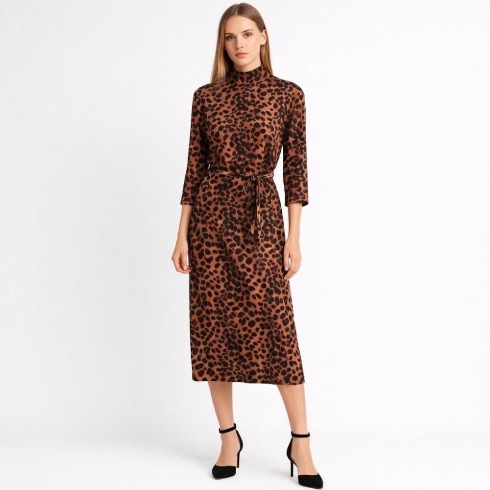 Zara Leopard Print Belted Midi Dress High Neck 3/4 Sleeve - Size Small